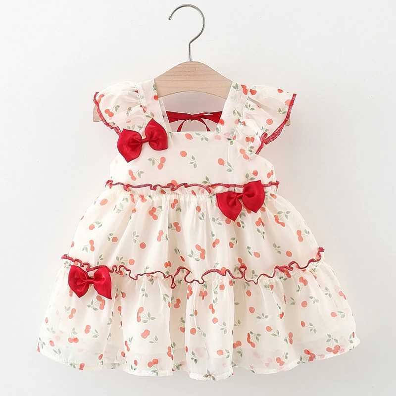 Baby 0-4 years old summer sweet and cute bow dress cherry chiffon dress girl internet gauze acrylic dress X250220