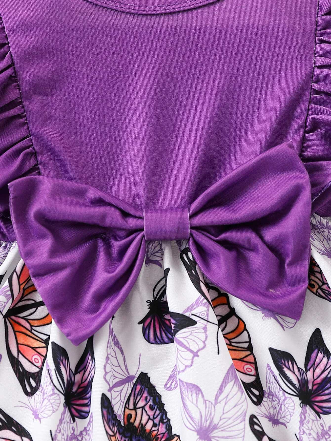 Baby Girl Fashion Casual Purple Knitted Fabric Splicing Butterfly Full Print Round Neck Long Sleeve Dress with Bow Decoration X250220