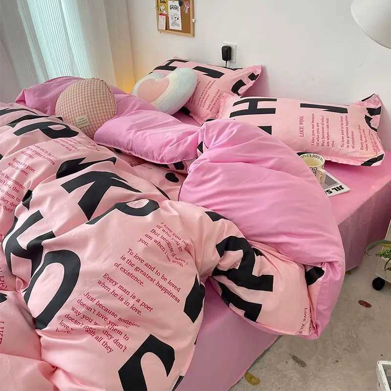 Korean Style Pink Letter Bedding Set Flat Bed Sheet Pillowcase Twin Full Queen Size Bed Linen Women Girls Duvet Cover No FillingXJ250220