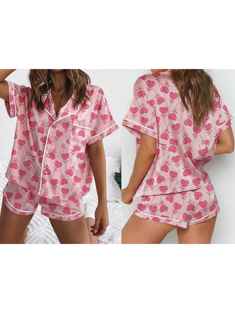 Women s Valentine s Day Silk Pajamas Set with Lace Trim Short Sve Heart Floral Print Shirt and Shorts Spwear SetXJ250220