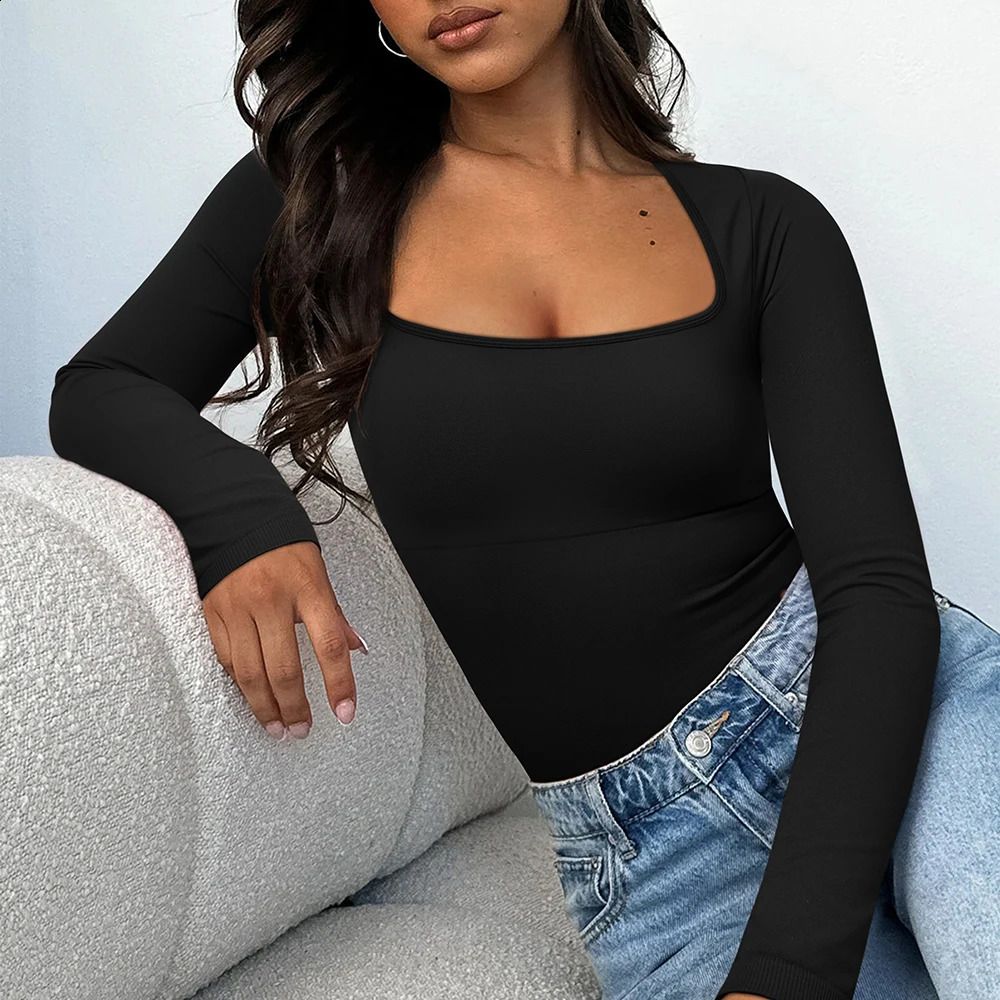 Long Sleeve Bodysuits Shapewear Women Sexy Ribbed One Piece Square Neck Solid Overalls Top Jumpsuit Streetwear Bodycon Bodysuit 250220