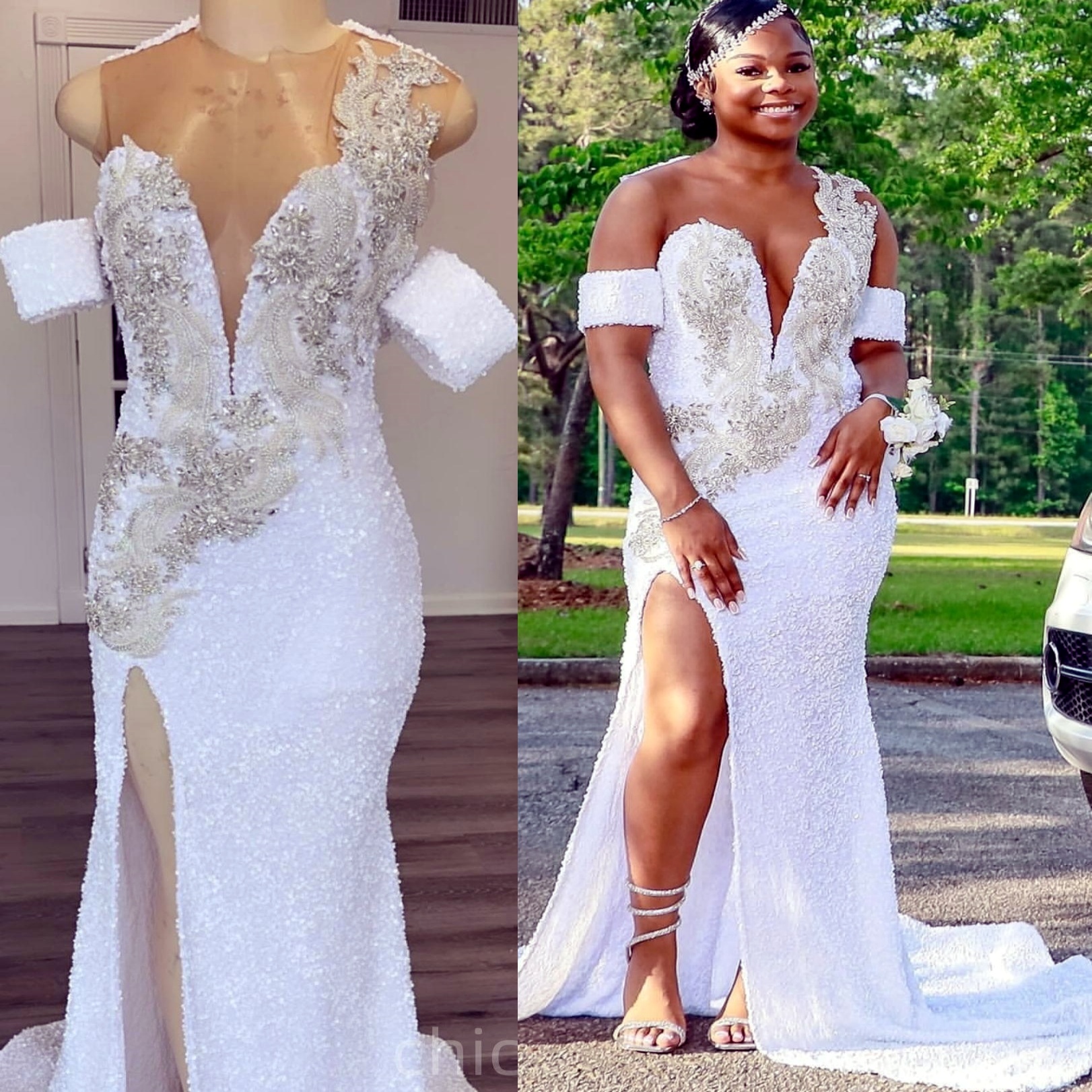 White Mermaid Prom Dresses 2025 Sequined Beaded Crystals High Split Evening Formal Party Second Birthday Engagement Gowns Plus Size Dress For Special 