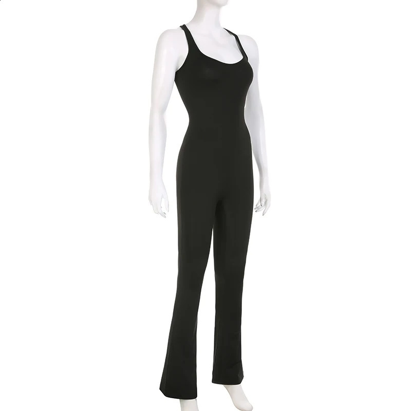 SUCHCUTE Women Sexy Jumpsuits Hollow Out Backless Sleeveless Solid Rompers Casual Bodycon Streetwear Sporty Overall Black Summer 250220