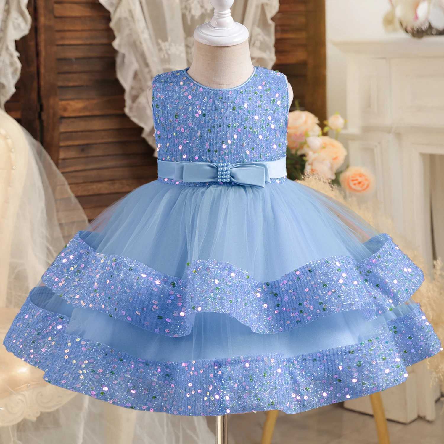 Sequin Birthday Party Baby Dresses 1st Baptism Toddler Dress Sleeveless Tulle Cute Wedding Princess Dress for Girls Christmas X250220