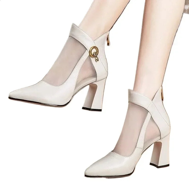 Ladies Crystal Lace Zipper Mesh High Heels 2024 Womens Shoes Classic Solid Color Sandals Party 250218
