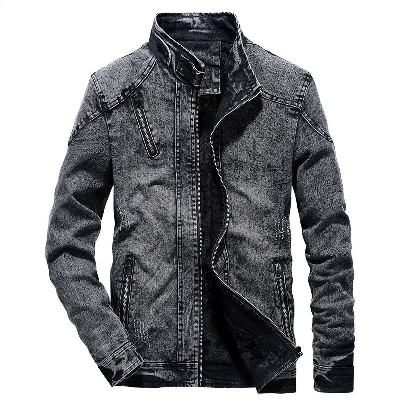 Vintage Mens Denim Jacket Solid Casual Jeans Coat Fashion Stand Clothes for Men Black Blue Bomber ZL179 250212