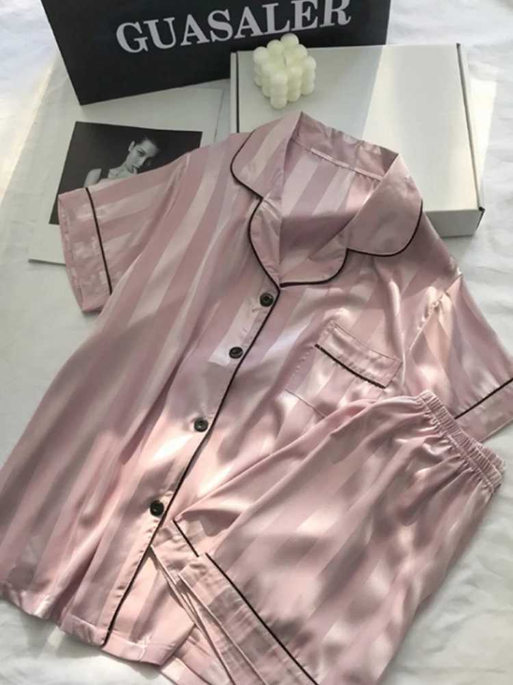 1 Set Womens Ele Lounge Set Plus Size Satin Striped Button Up Long Sve Shirt Pants PajamasXJ250220