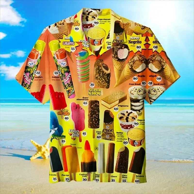 Cold Ice Cream Graphic Hawaiian Shirt Men 3D Printed Popsicle Shirts Summer Street Button Short Sleeves Beach Lapel Blouse Tops W250220