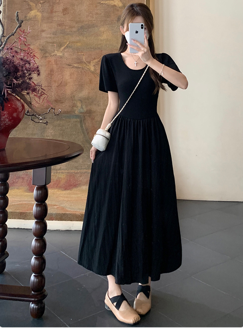 C33814 Temperament Little Black Dress Summer Black French Waist Large Swing Dress High-grade Slimming A-line Skirt
