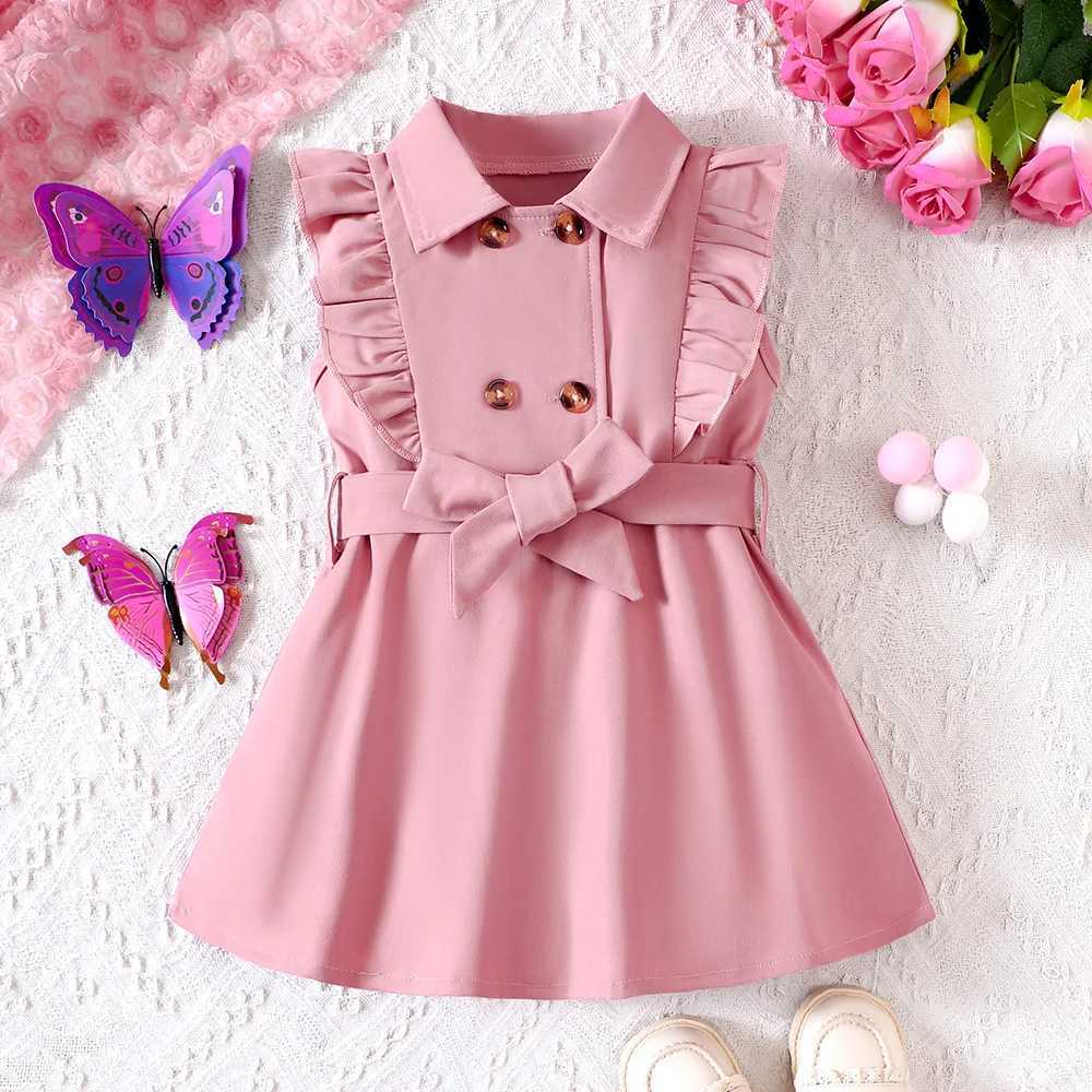 Kids Girls Retro Solid Color Trench Belted Dress Double Breasted Elegant Summer Baby Dress X250220