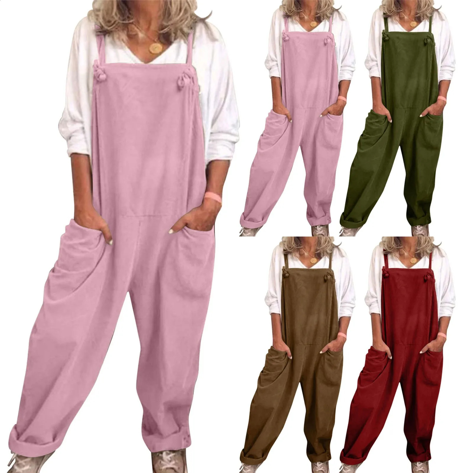Womens Plus Size Overalls Jumpsuits Casual Solid Color Loose Comfy Dungarees Rompers Suspender Knot Cargo Style Playsuit 250220