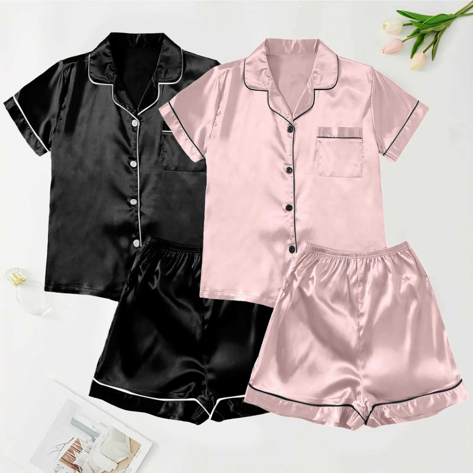 Spwear Women Silk Satin Short Sve Shorts Pajamas 4 Piece Set Breathable Quick Dry Night Dress Trouser Shirt Solid NightiesXJ250220