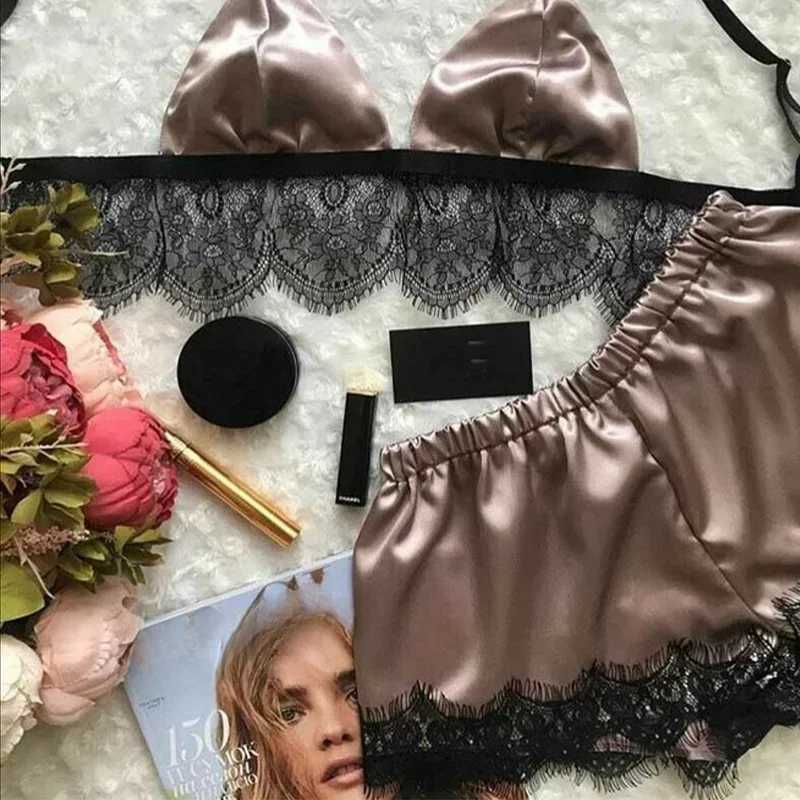 Womens Underwear Sexy Silk Satin Lingerie Pajamas Crop Tops Bralette Panty Sets Soft Wear for Girls Tops Briefs Lace SuitXJ250220