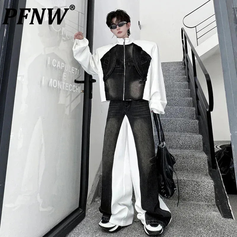 PFNW Contrast Color Mens Set Spring Stand Collar Spliced Denim Jacket Casual Pants Male Streetwear 28W5253 250220