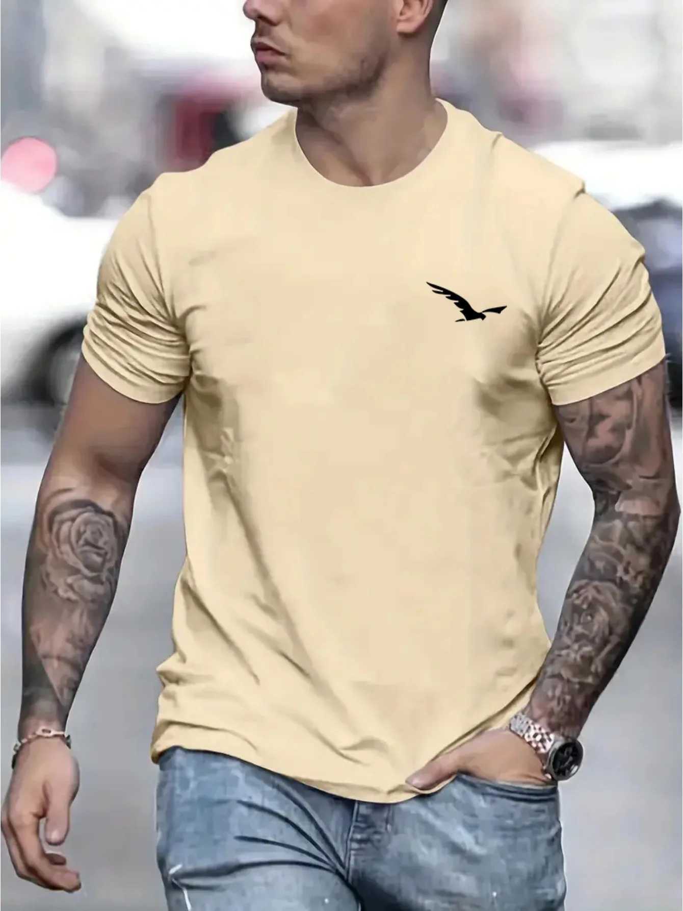 Mens 100% pure cotton summer loose fit suitable for bird pattern slim fit casual sports round neck short sleeved T-shirt top W250220