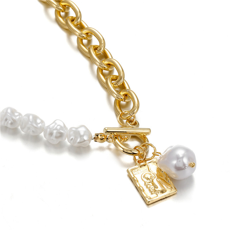 Vintage New Copper Snake Chain Baroque Pearl Portrait Square Plaque Single Layer Necklace Set