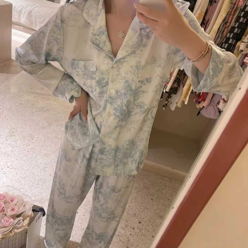 2024 Spring New Lapel Button Cardigan Lounge Sets Womens 2 Piece Ice Silk Pajamas for Women Fashion Printing Spwear for WomeXJ250220