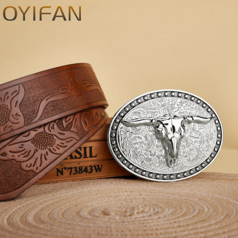 Womens Cowboy Belt Western Leather Buckle Belts Longhorn Bull Pattern Floral Engraved for Men 250220
