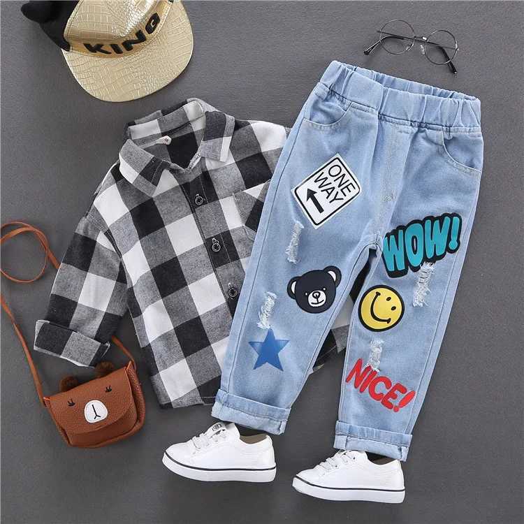 Spring Autumn 2025 Children Boys Denim Pants Elastic Waist Letter Sticker Baby Boys Trousers Exterior Bear Kid Boy Pants Z250220