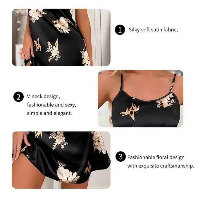 Women Nightwear Home Clothes Sexy Black Floral Printing Nightdress Spwear Nightshirts Silk Spshirts Nightgowns For WomanXJ250220