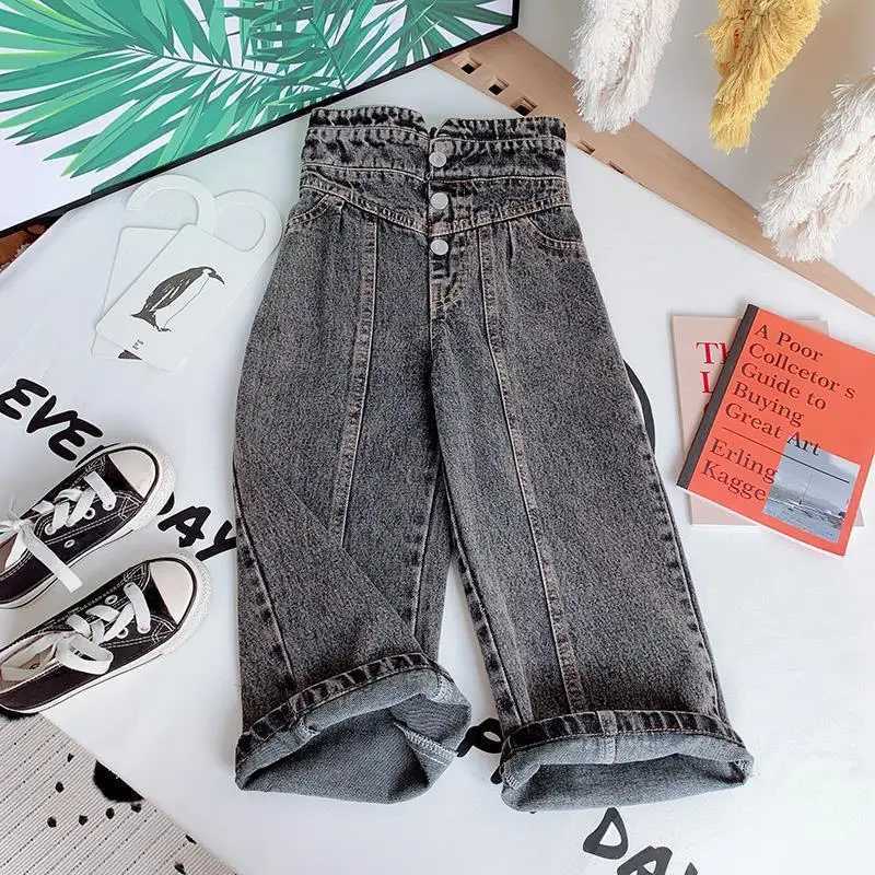 Kids Wide Leg Pants 2024 Autumn Winter New Person Fashion Girls Hight-Waist Jeans Elastic Waist Button Pocket Casual Jeans Z250220