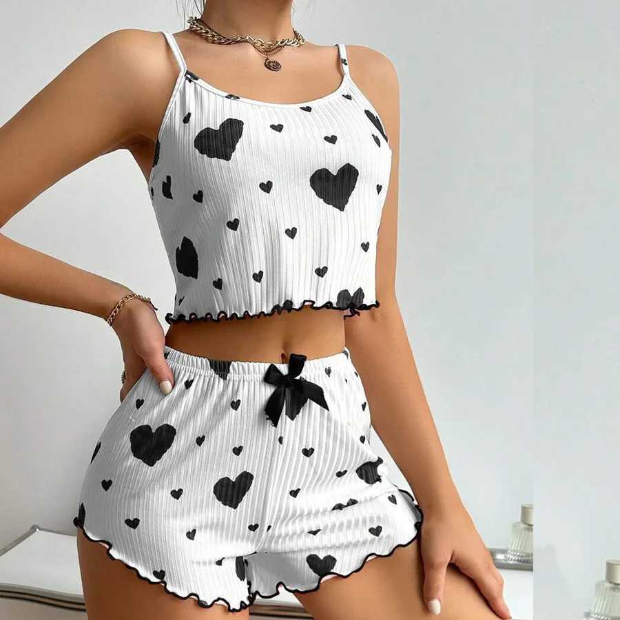 2 Pcs Womens Pajamas SetCasual Spwear Printed Shorts Tank Tops And Shorts White Ventilate Soft Casual Love Printing SuitsXJ250220