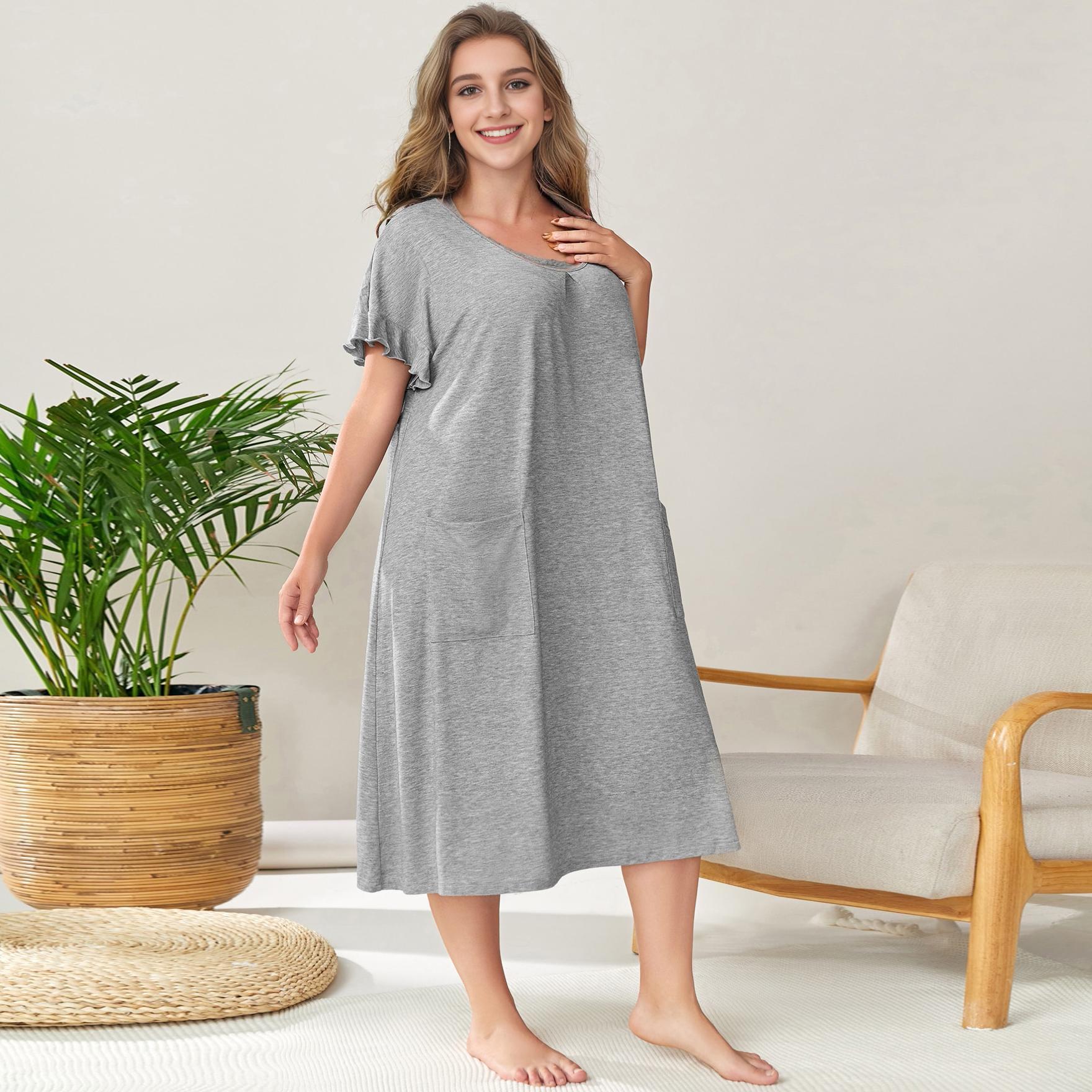 B711-Summer cross-border European and American plus size women's nightdress cotton short-sleeved loose round neck pocket home clothes long skirt 