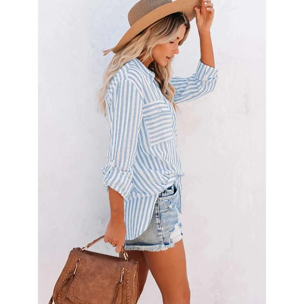 Women's Spring/Summer 2024 New Striped Single Breasted Long Sleeve Shirt Women Elegant And Youth Woman Stylish Blouse