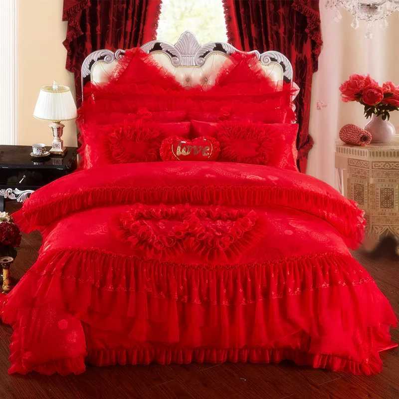 Pink Lace Princess Wedding Bedding Set King Queen Size Luxury Jacquard Stain Cotton Duvet Cover Bed Sheet PillowcasesXJ250220