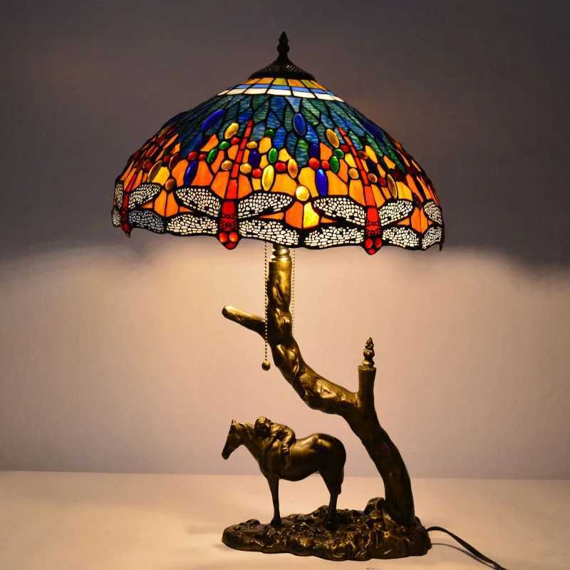 Nordic Round Stained Glass With Dragonfly Pattern Shade With Resin Tree Horse Kid Decor Shelf Bedside Eye Protection Table Lamp Z250220