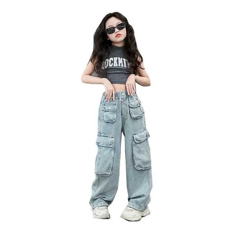 Girls Cargo Pants Autumn New Fashion Loose Teens Kids Wide Leg Jeans Casual All-match Big Pockets Design 10 12 14 Years Tousers Z250220