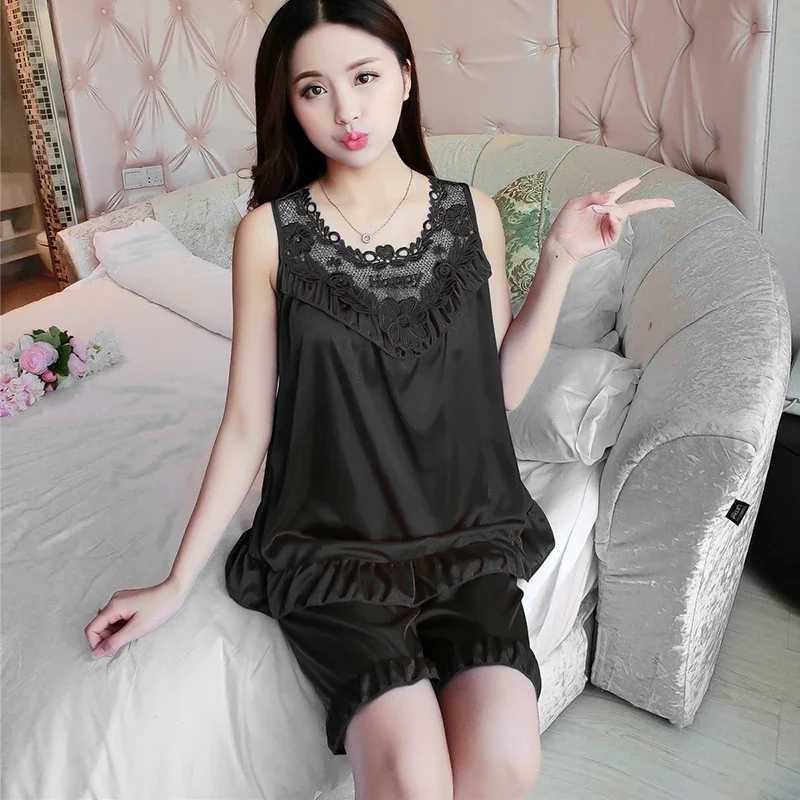 Perspective Summer Plus Size Sveless Faux Silk Satin Pajamas Set with Shorts Sexy Spwear Womens Home ClothingXJ250220