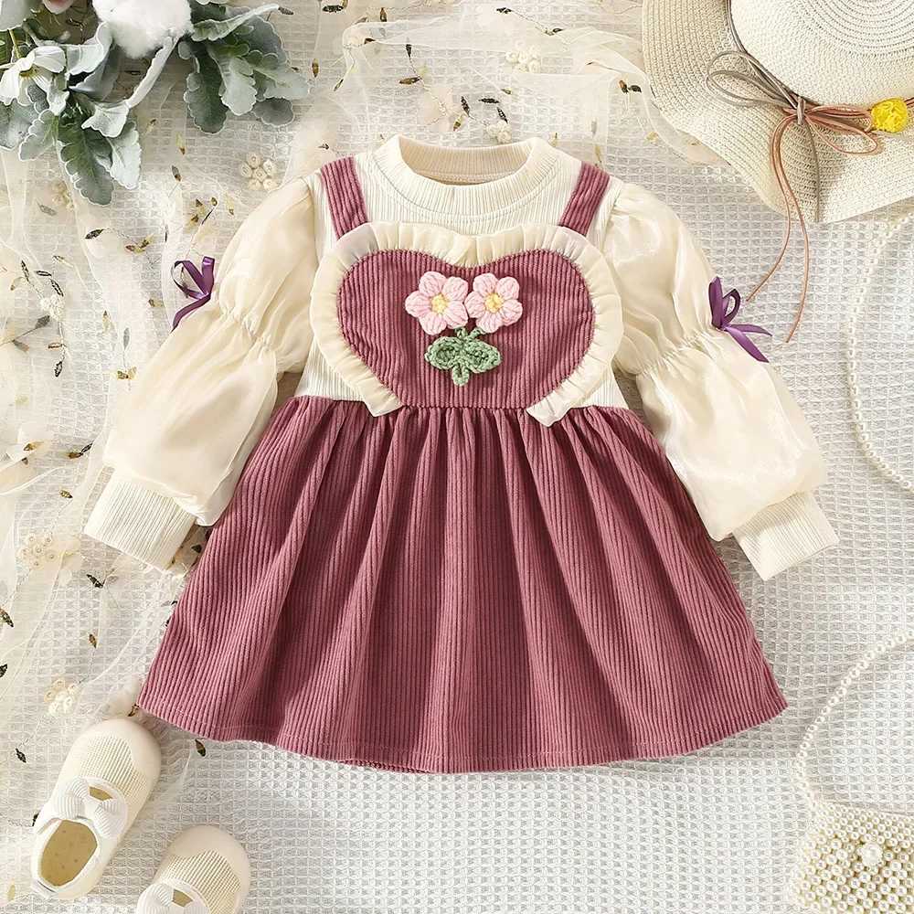 Spring And Autumn New Baby Girl Dress Long Sleeve Suspenders Lace Pleated Flowers Decorated Fake Two Birthday Party Team Dresses X250220