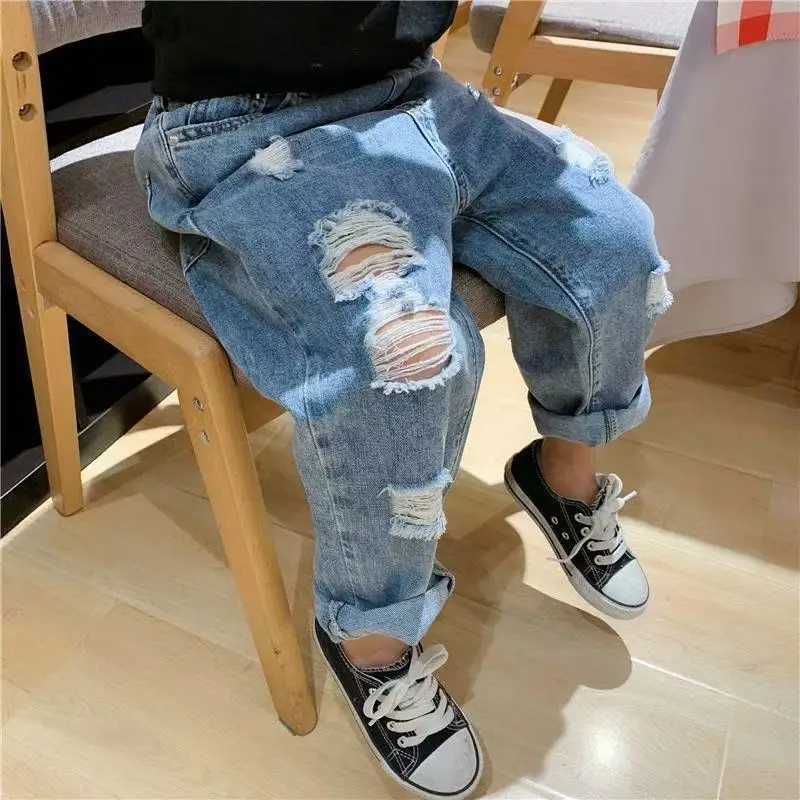 2025 Childrens Spring and Autumn New Jeans for Boys and Girls with Ripped Holes Soft and Comfortable Pants for Children Trendy Z250220