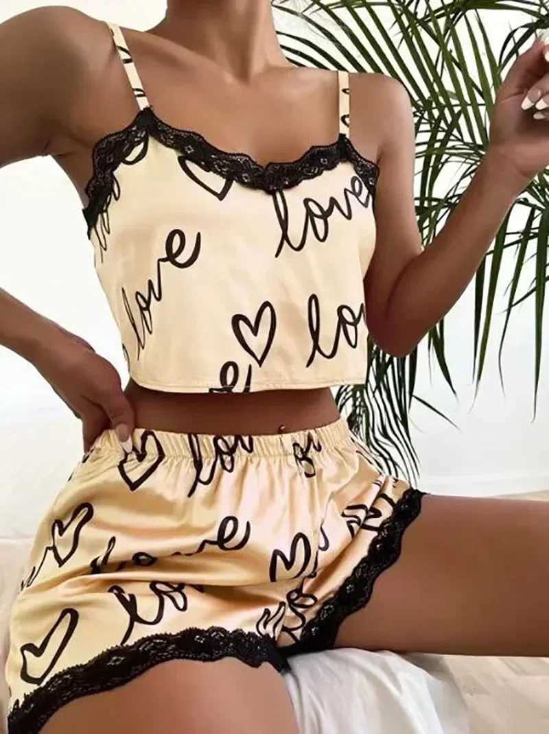 Womens Spwear Pajama Sets Sexy Lingerie Lace Love Printed Crop Tops and Shorts Pijamas Set LoungewearXJ250220
