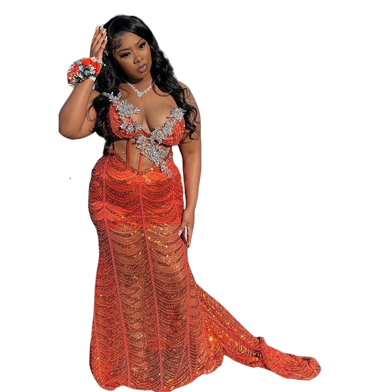 Orange Mermaid Prom Dresses 2025 Crystals Sequined See Through Evening Formal Party Second Birthday Engagement Gowns Plus Size Dress For Special Occas
