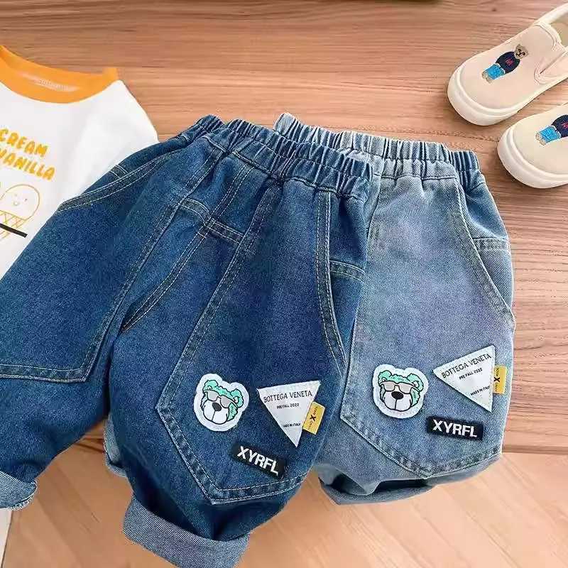Autumn Little Boys Denim Pants Elastic Waist Bear Letter Sticker Kid Baby Boys Jeans Loose Ruched Children Boys Pants Z250220