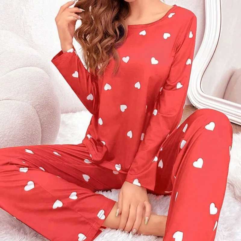 Womens Pajamas Casual Love Print Round Neck Long Sve Long Pants Fall and Winter Comfortable Set Girl Spwear HomewearXJ250220