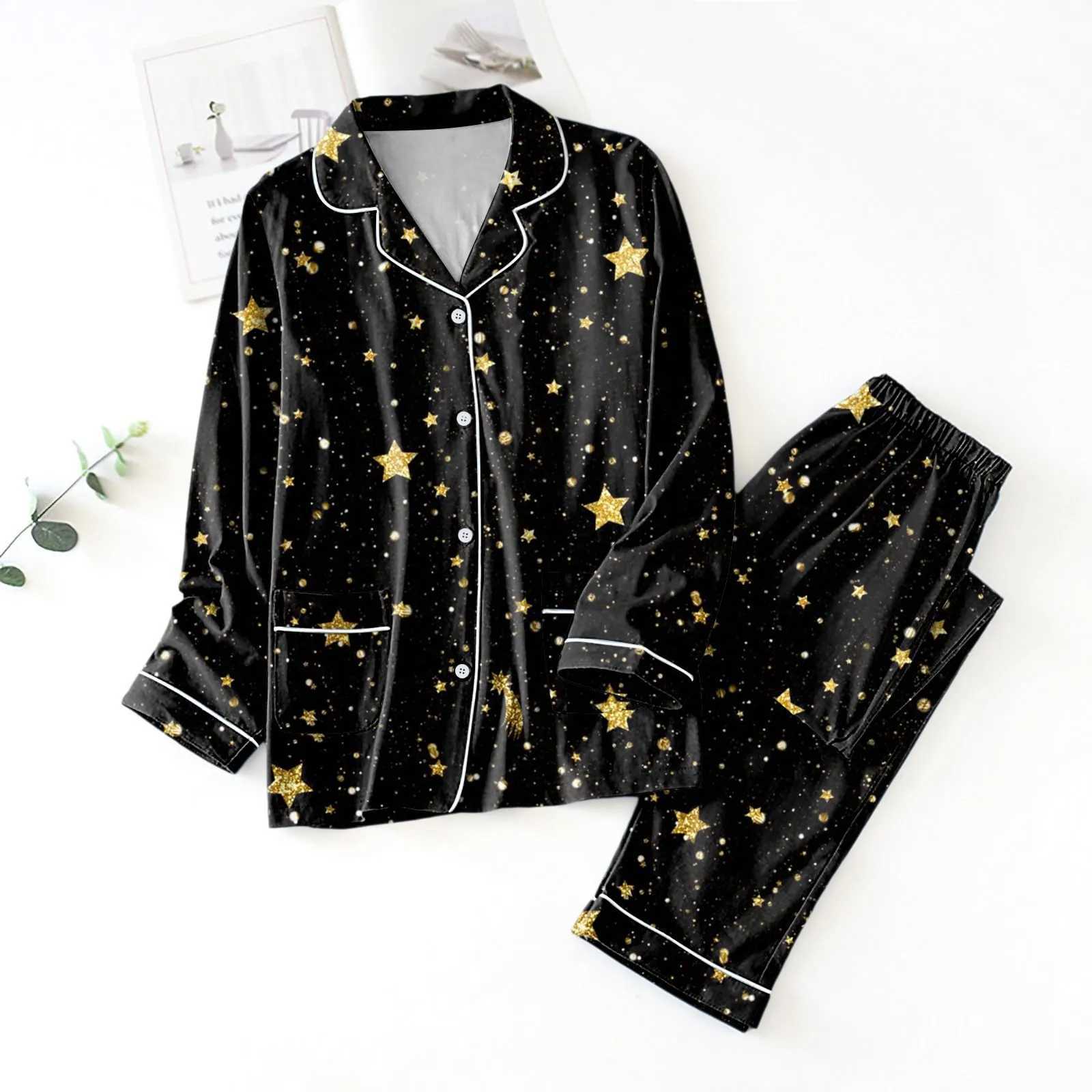 Loungewear Women Pajama Sets 2 Piece Star Printing Long Sve Shirt With Pant Sets Trendy Pyjamas Autumn Winter Satin SpwearXJ250220
