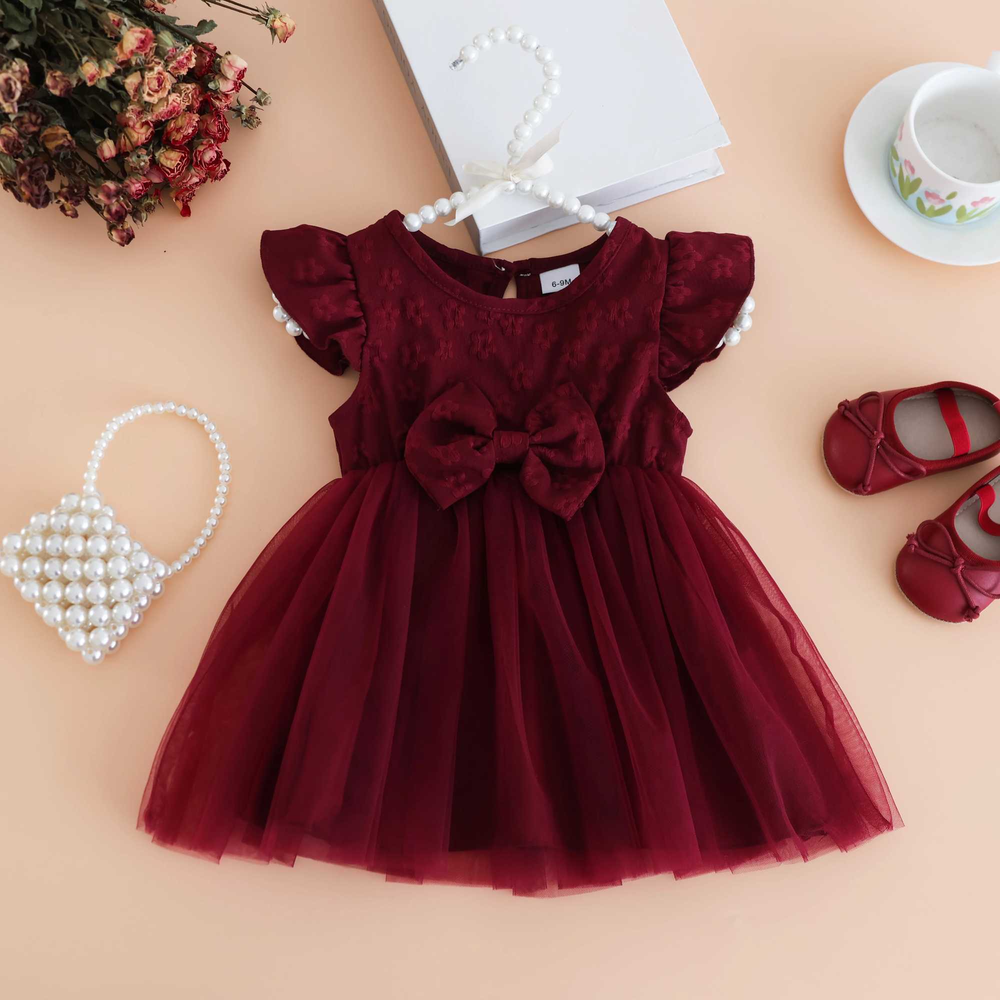 Summer charming girl wine red print mesh dress with flowing sleeves and gauze-cute knee summer dress with rose detail girls dre X250220