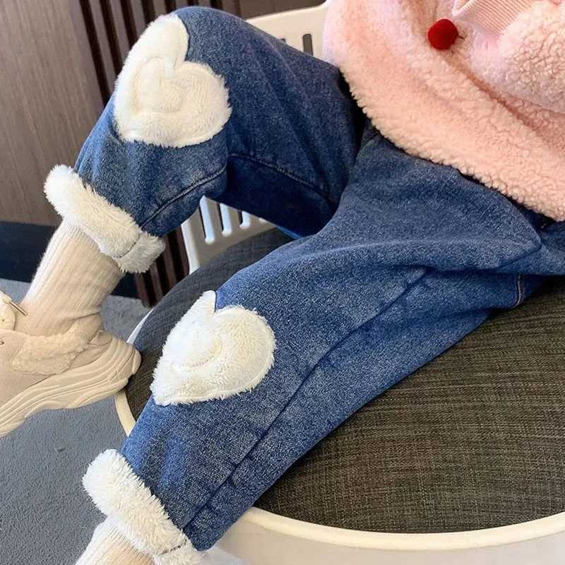 Winter velvet lined girls jeans thick elastic high waisted Vaqueros childrens warm denim harem pants plush childrens jeans Pantalones Z250220