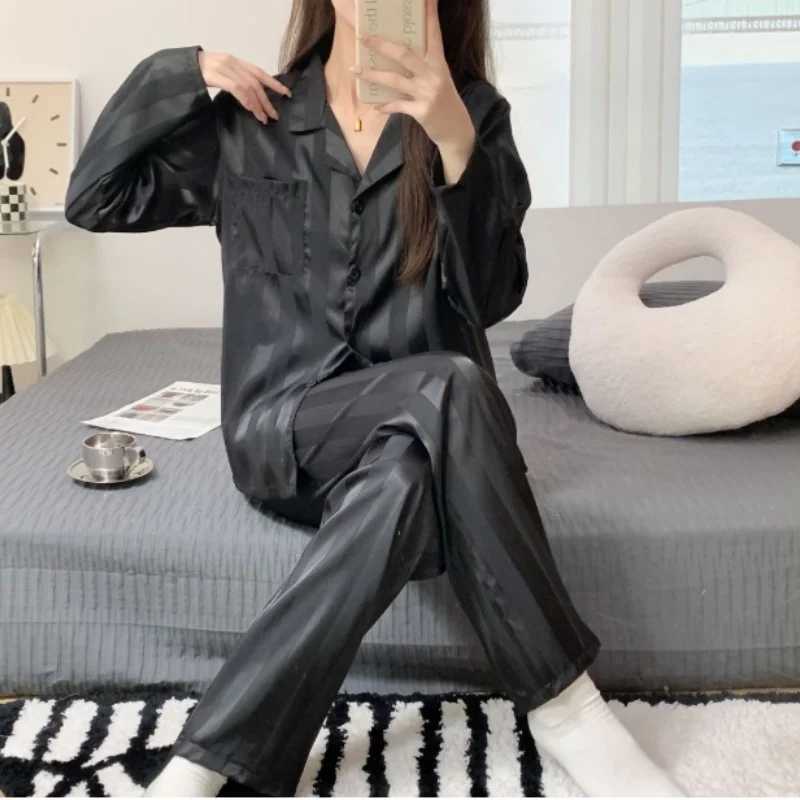 Spwear Ladies Spring and Summer Ice Silk Girls Homewear Long-Sved Trousers Silation Silk Green Striped Pajamas SetXJ250220