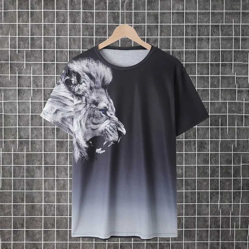 Lion Pattern Print Mens Vintage T-Shirt Gradient Graphic Tee Mens Summer Outdoor Casual Male Clothing Short Sleeve Top For Man W250220