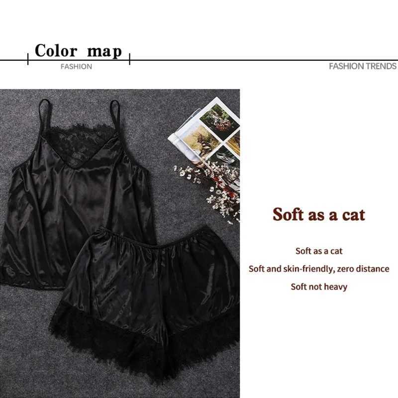 Women Ice Silk Pajamas Spwear Pajama Set Nightgowns Nightdress Camisole Shorts Black Red L XL Lace Casual Sexy SmoothXJ250220