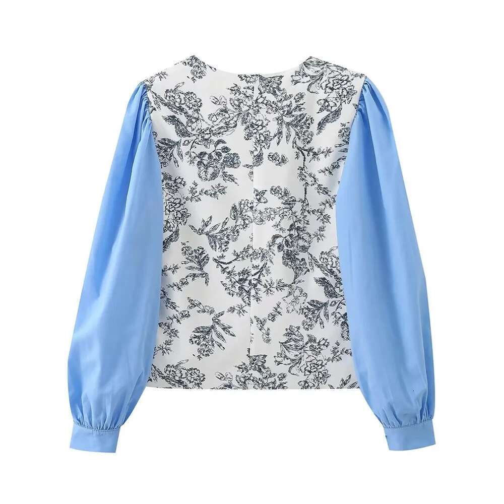 Pb&Za 2024 Spring New Women's Style Casual Loose And Versatile V-Neck Printed Spliced Long Sleeved Shirt Top