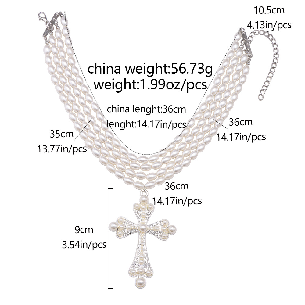 Cyberpunk style cross necklace fashion exaggerated micro-set imitation pearl layered necklace jewelry