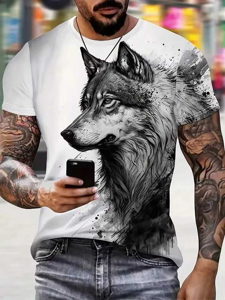 Mens T-shirt Wolf Print Casual Streetwear Fashion Short-sleeved Pullover Summer Outdoor Sports Top Tee Oversized Clothing W250220