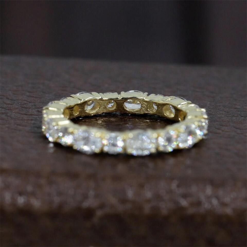 Jewelry 18K Yellow Real Gold 4*3mm Oval-Round 2.5mm Cut Lab Diamond Full Eternity Band Anniversary Wedding Ring For Women