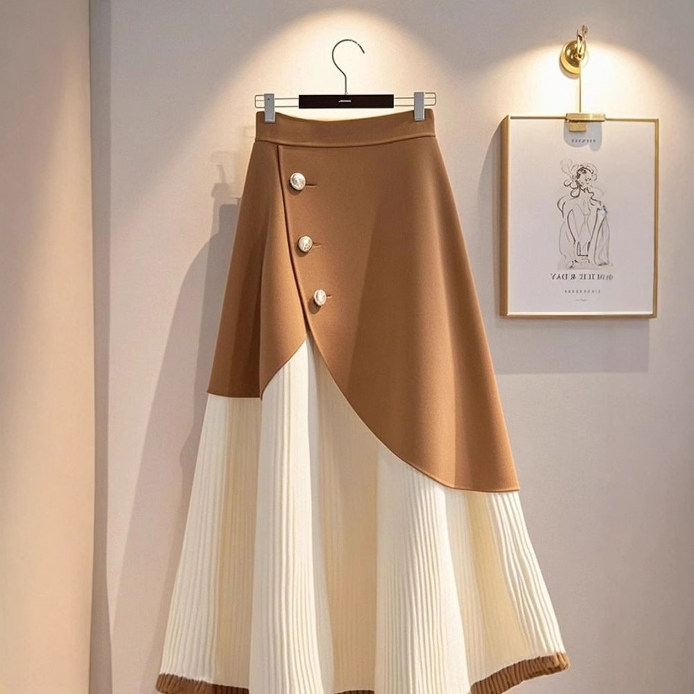 L180 New Fashionable Khaki Lint-free Knitted Skirt Women's Hot Style High Waist A-line Skirt
