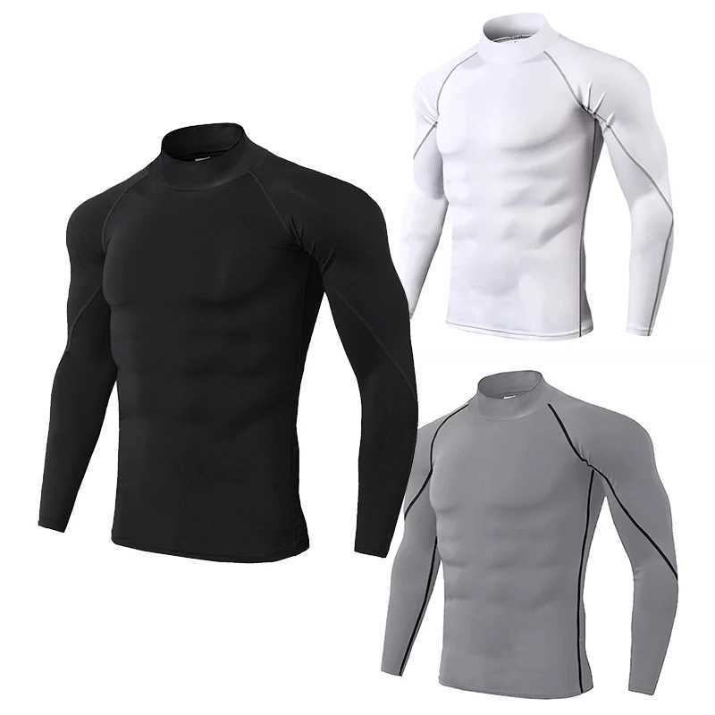 3-color mens high neck long sleeved compression T-shirt cool dry sunscreen sports tight underwear running gym top W250220